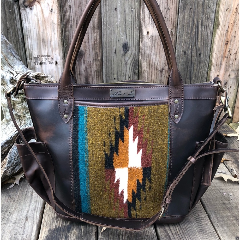 Nena & Co. Brown Leather Shoulder Bag with Olive, Teal & Rust Wool Panel